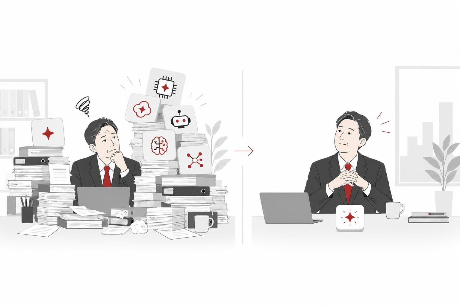 忙しいままAIを足す経営者と、まず今の仕事を軽くしてからAIを使う経営者の対比