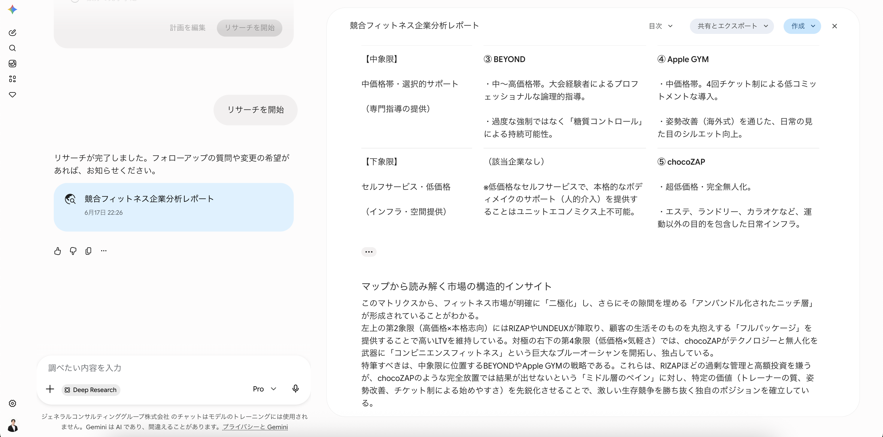 Geminiによる5社のポジショニングマップ(その2)
