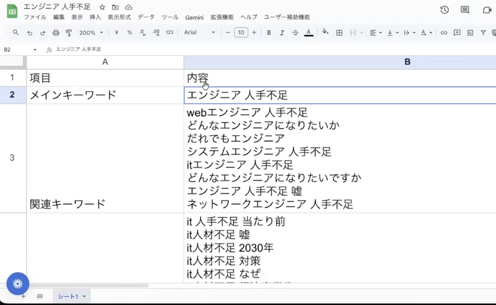 スプレッドシートの入力欄（記事テーマ・狙うKWなど）