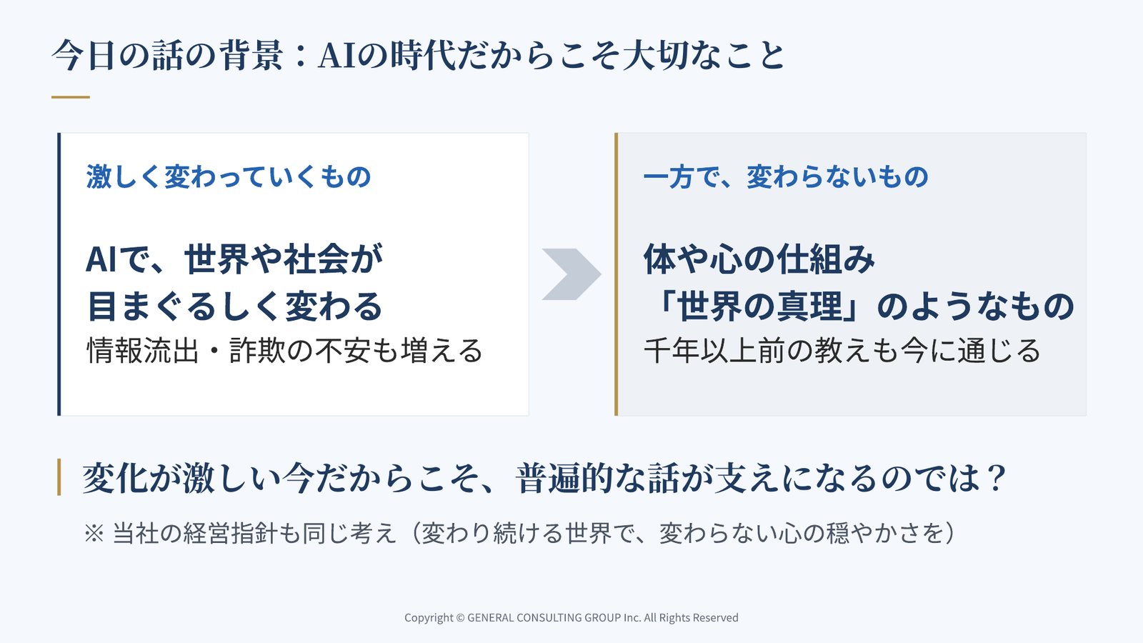 AIで激しく変わっていくものと、体や心の仕組みのように変わらないものを対比した講話のスライド