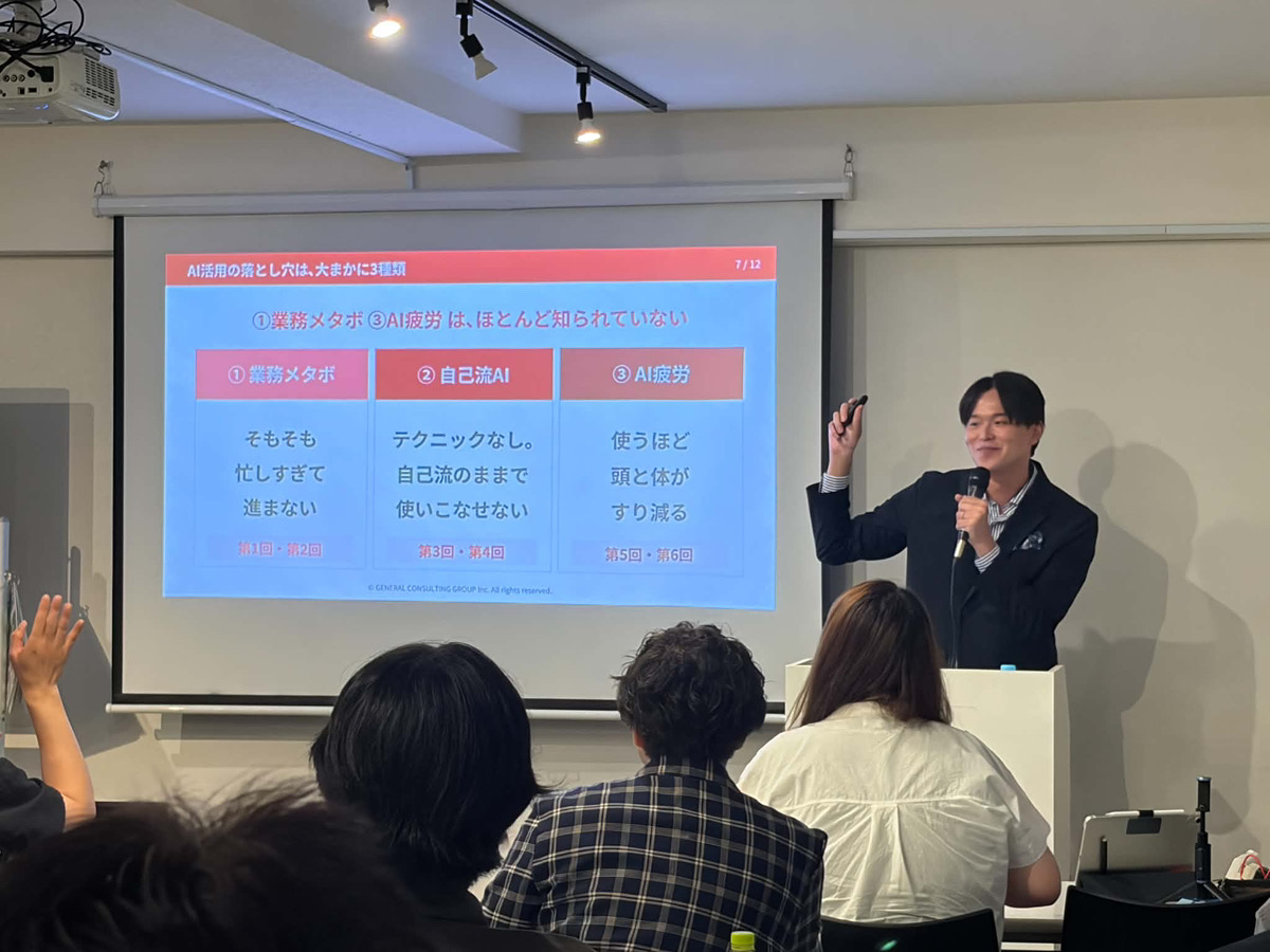 連載企画のテーマを説明するスライドとプレゼンの様子